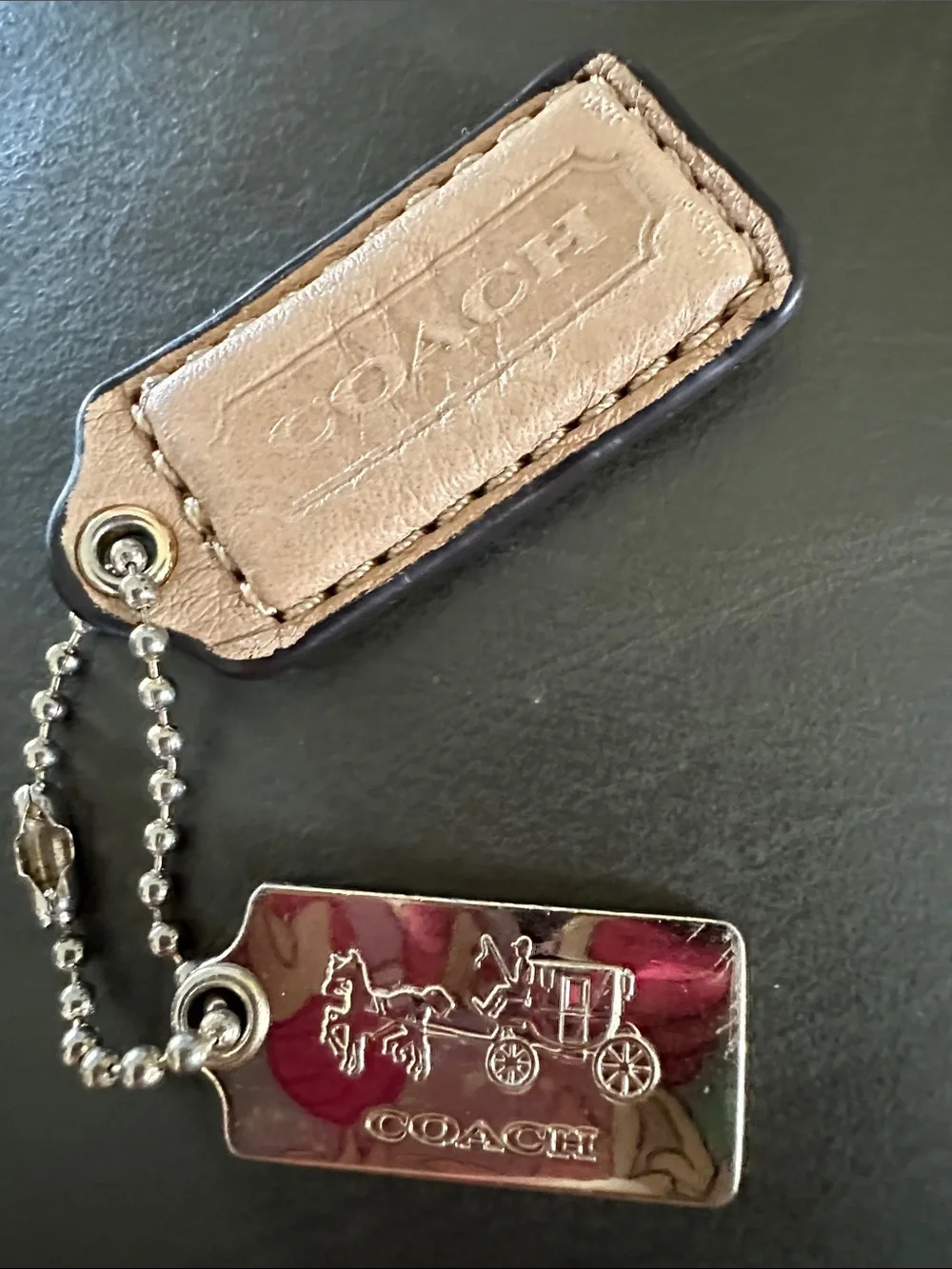 Coach Men’s Taupe Leather and Silver-Tone Coach Carriage Key Tag